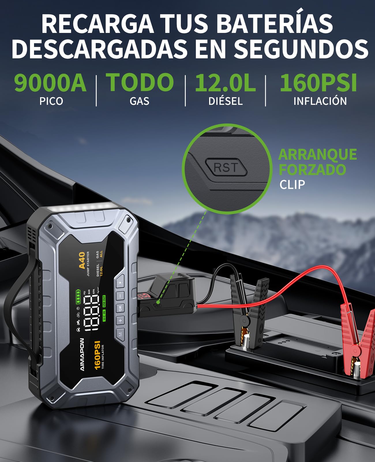 AIMAPOW Arrancador de Coches 9000A con Compresor, 160PSI Inflador de Neumáticos, Jump Starter 12V, Arrancador de Baterias de Coche(Todo Gasolina o 12L Diésel), Pantalla LCD, Luz de Emergencia