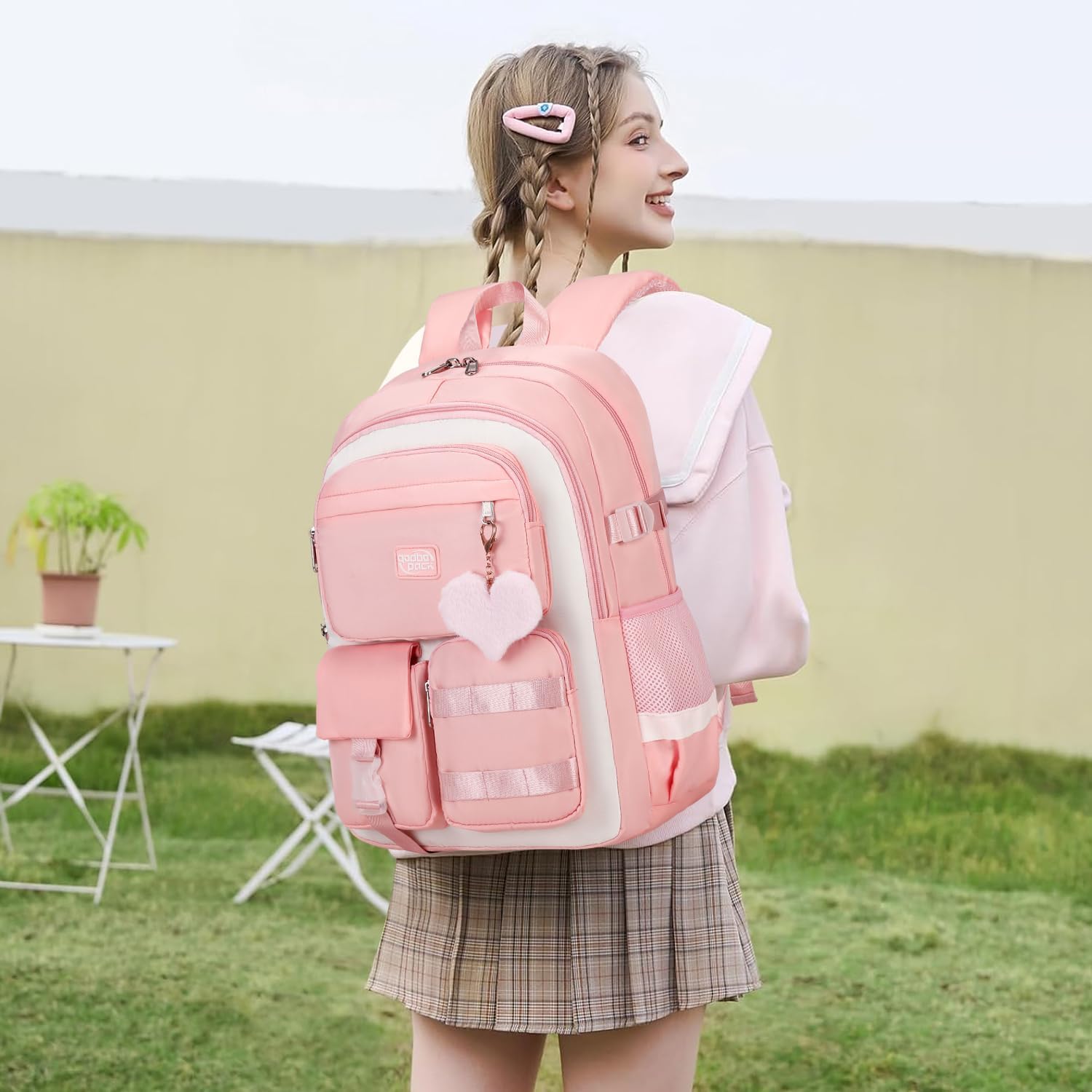 3PCS Girls Backpack For College Middle High School Student Teens Women Bookbag Waterproof Laptop Bag Pink Beige