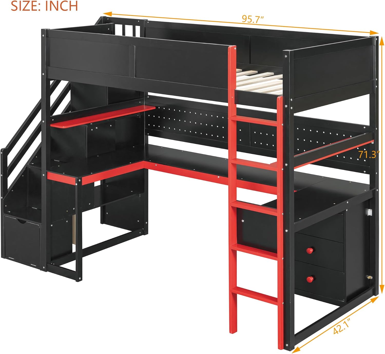 RUNNA Twin Size Wooden Gaming Loft Bed with Storage Stairs, Desk, Shelves & Pegboard, Space-Saving Esports Style for Teens & Adults (Black+Red-2)