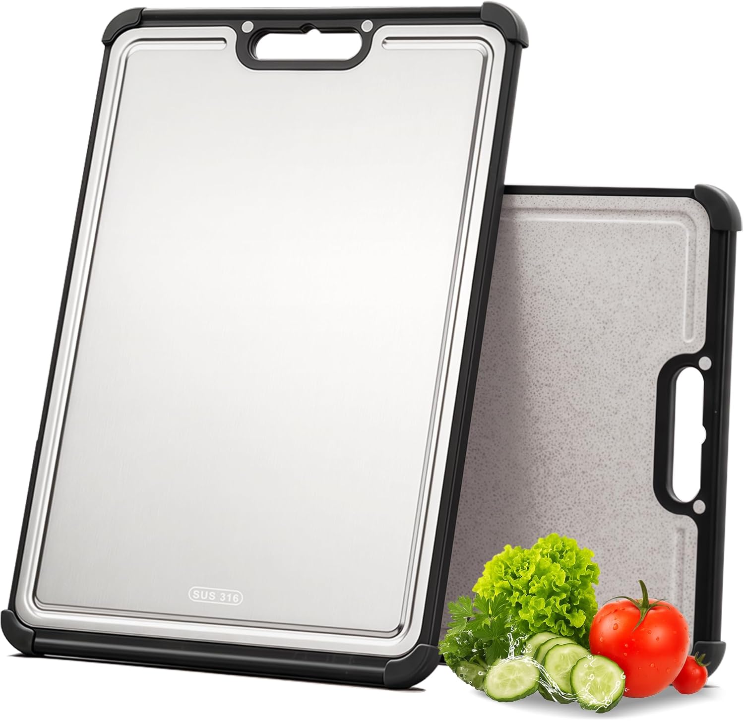 Premium 316 Stainless Steel Cutting Board for Kitchen Extra Large 16.9″ x 11.8″ Best Non-Toxic Chopping Board for Meat Food-Grade Metal & Eco-Friendly Wheat Straw Dual-Sided Healthy Kitchen Essential