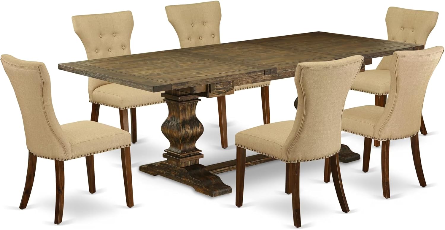 East West Furniture ALAGA7-78-03 7 Piece Kitchen Table & Chairs Set Consist of a Rectangle Wooden Table with Removable Leaf and 6 Brown Linen Fabric Parsons Chairs, 42x92 Inch, Jacobean