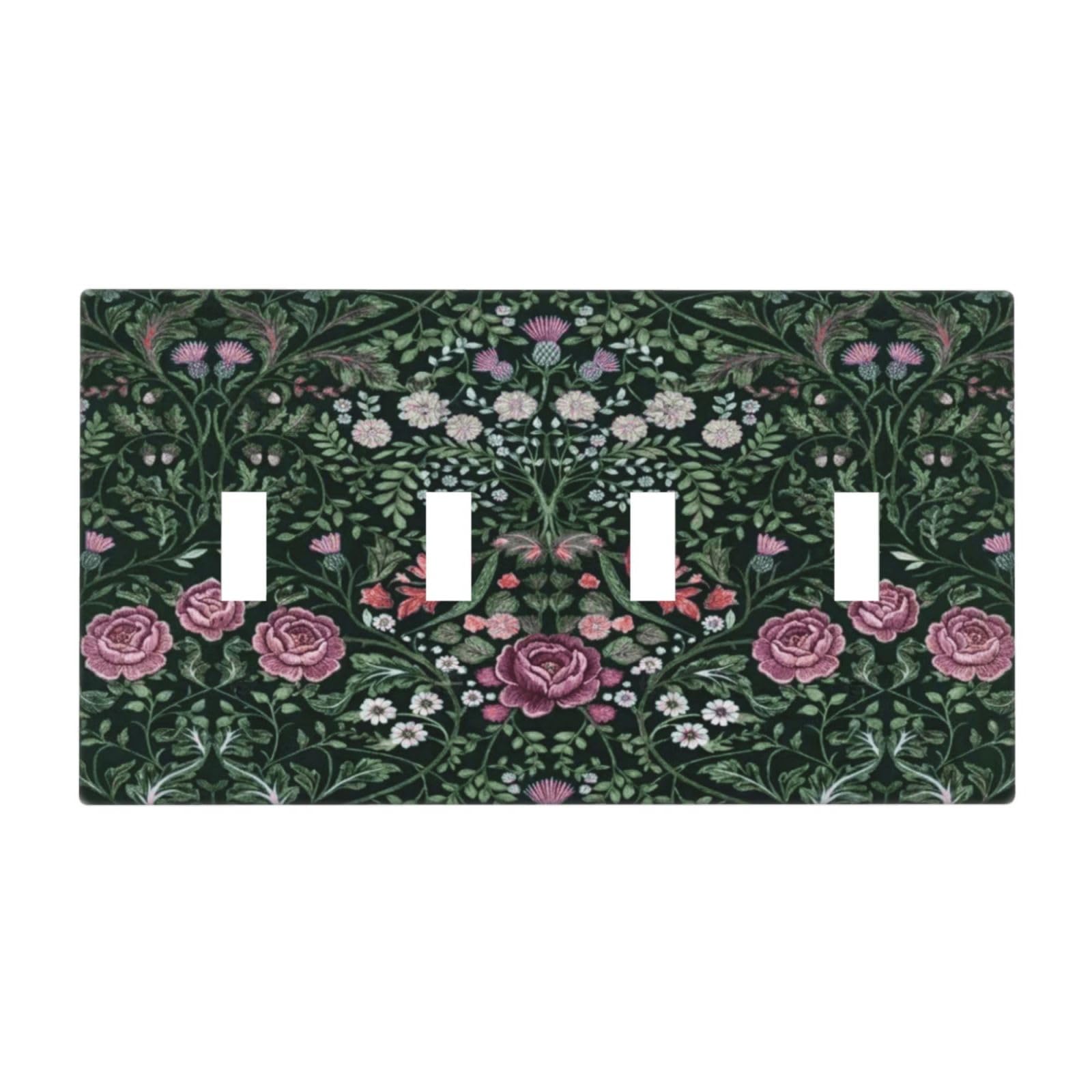 William Boho Floral Moris Flower Leaf Decorative 4 Gang Quad Toggle Light Switch Cover Plate Decorative Electric Quadruple Device Faceplate Switchplate Screwless