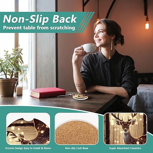 Miniatura 3 de Paquete de 2 posavasos para automóvil, posavasos de cerámica absorbente de ciervos del bosque, posavasos de coche de vida silvestre para portavasos,