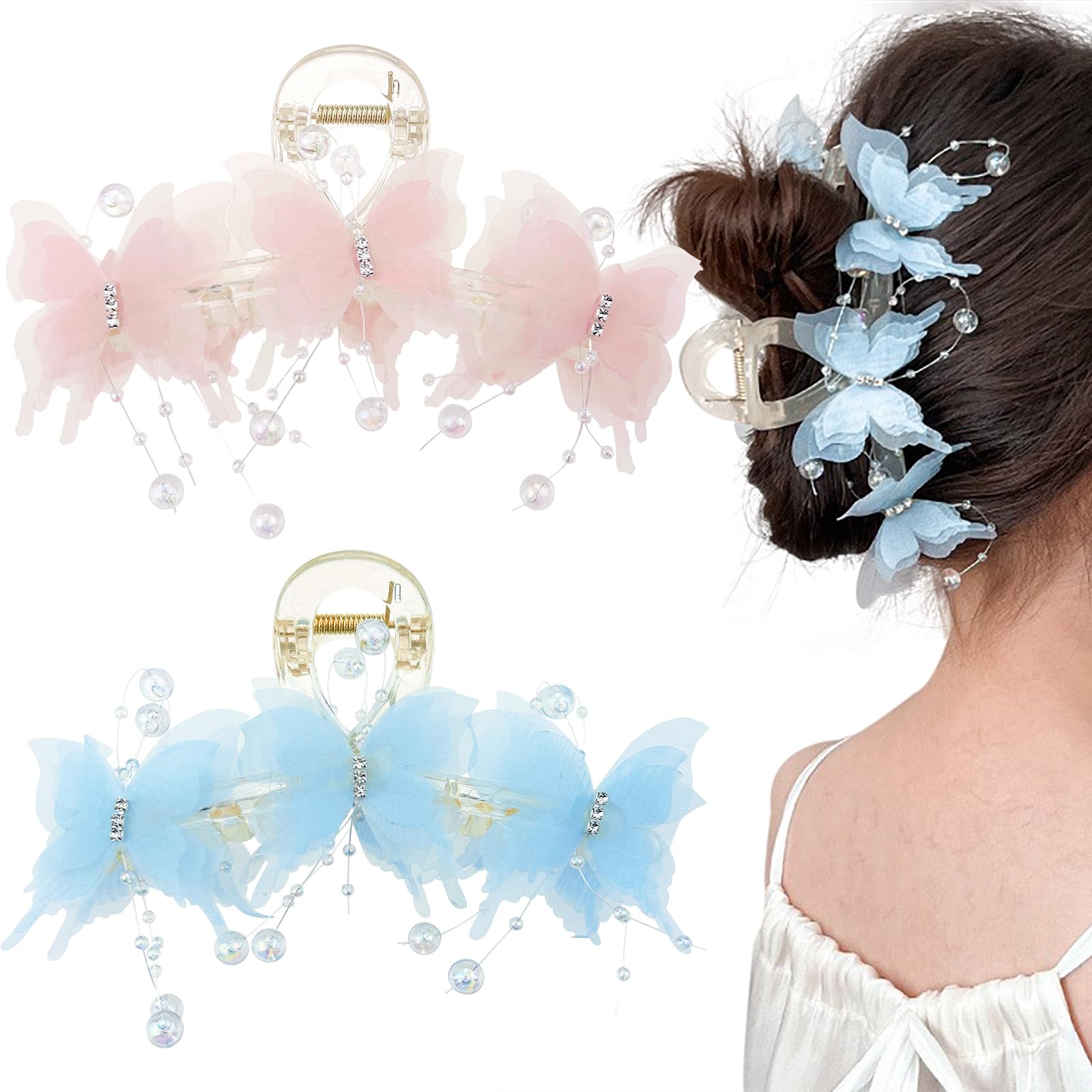 Jaczora 2PCS Butterfly Hair Claw Clips for Thick Hair Non Slip, Pearl Jewel Design, Large, Cute, Elegant Hair Clip for Women Girls
