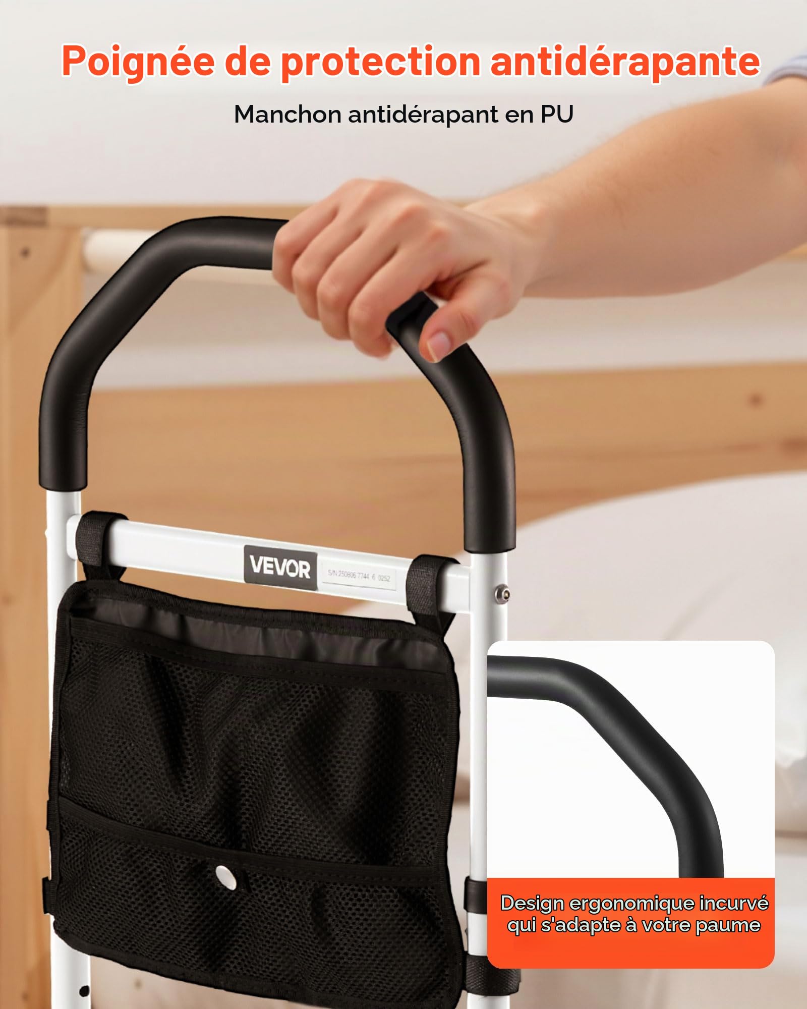 VEVOR Barrière de lit pour Personnes âgées, Barre d’Appui pour lit avec Pied de Support et Main Courante en PU, Hauteur réglable, Tube en Acier au Carbone, Rampe d'assistance de Chevet pour Patients