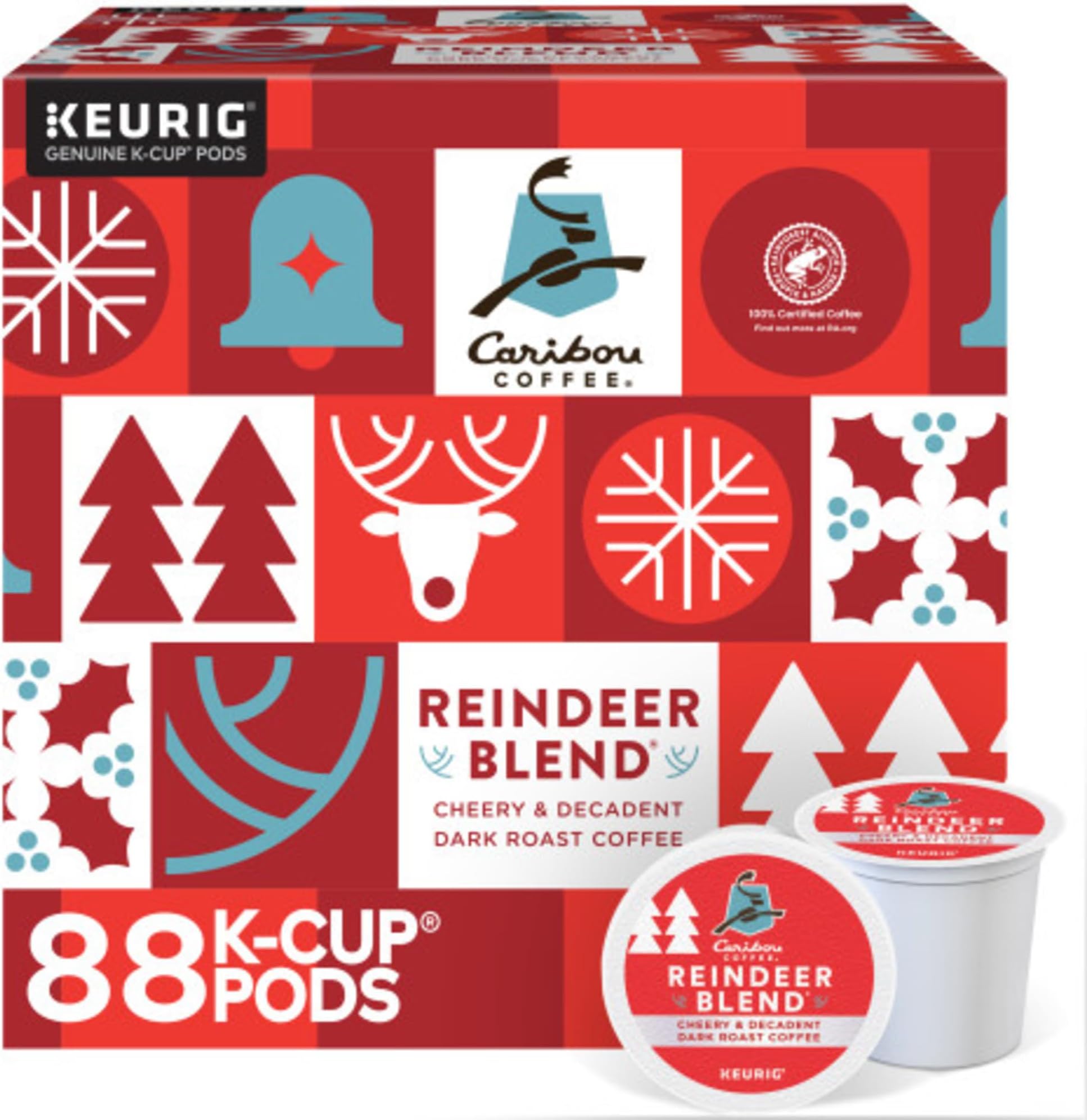 Caribou Coffee Reindeer Blend, Single-Serve Keurig K-Cup Pods, Dark Roast Coffee Pods, 88 Count