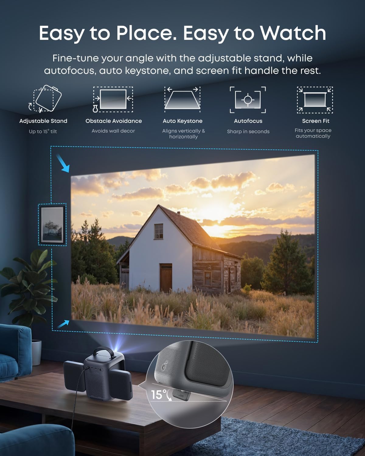 soundcore Nebula P1i Projecteur intelligent avec WiFi et Bluetooth, haut-parleurs pivotants, audio Dolby 2.0, 380 ANSI lumens, Full HD 1080p, lentilles entièrement en verre, double stéréo 10 W, GTV