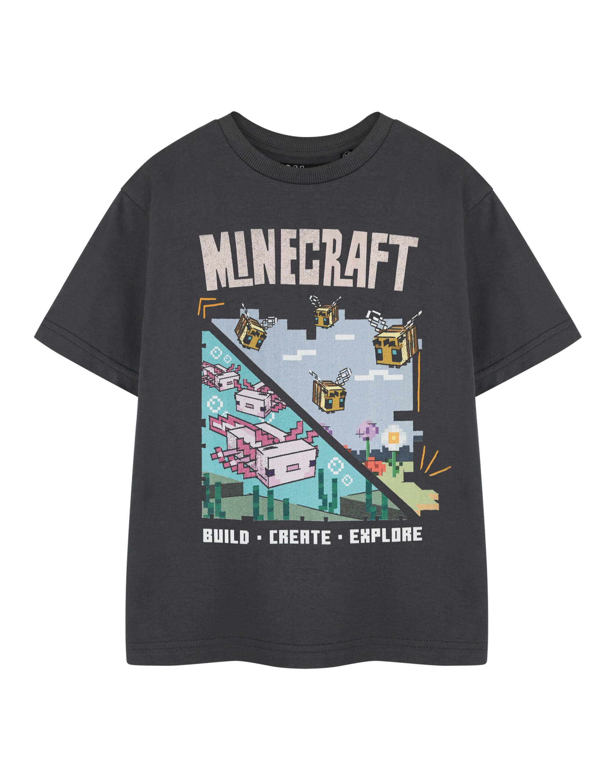 Minecraft Girls Build Create Explore Bees Axolotl Black Graphic Tee | Game Crew Neck Top | Plain Short Sleeve Pull On Casual Wear Shirt