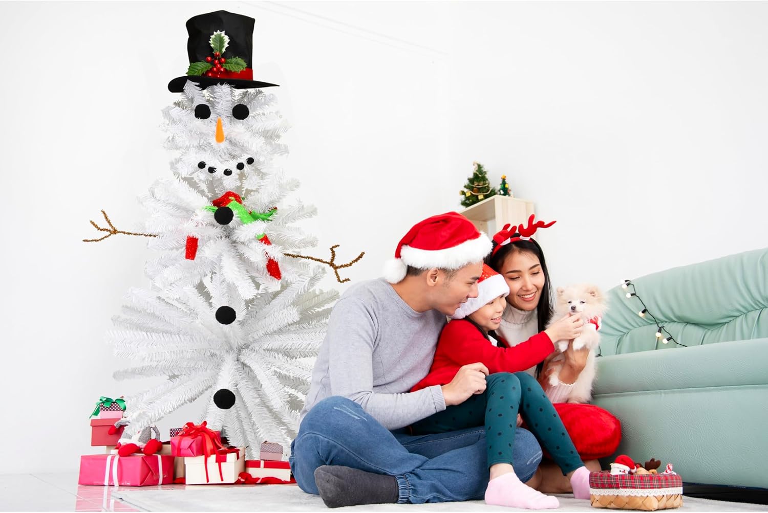 Tree Buddees Snowman Christmas Tree - 5 Ft. Artificial Yuletide Tree - Winter Wonderland Decorations for Home or Office - Includes Top Hat, Carrot Nose, Cotton Ball for Coal Buttons - Easy Assembly