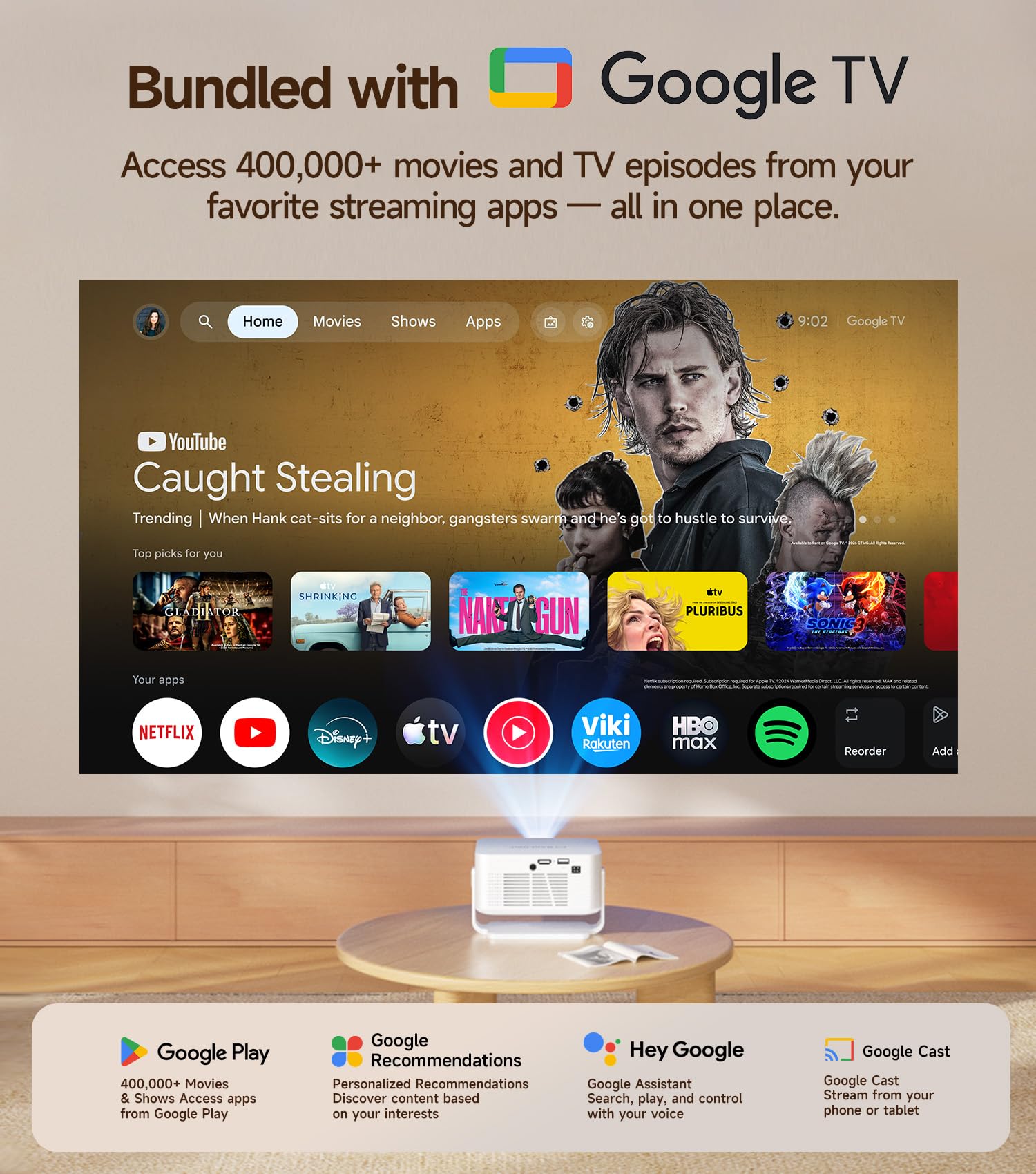 Proyector Portátil 【Google TV/Official Apps】 Mini Proyector 4k 1080P Full HD Soporte 200ANSI 8000L, Videoproyector WiFi 5G BT 5.4, Cine Projector 180 ° Se Puede Girar para TV Stick