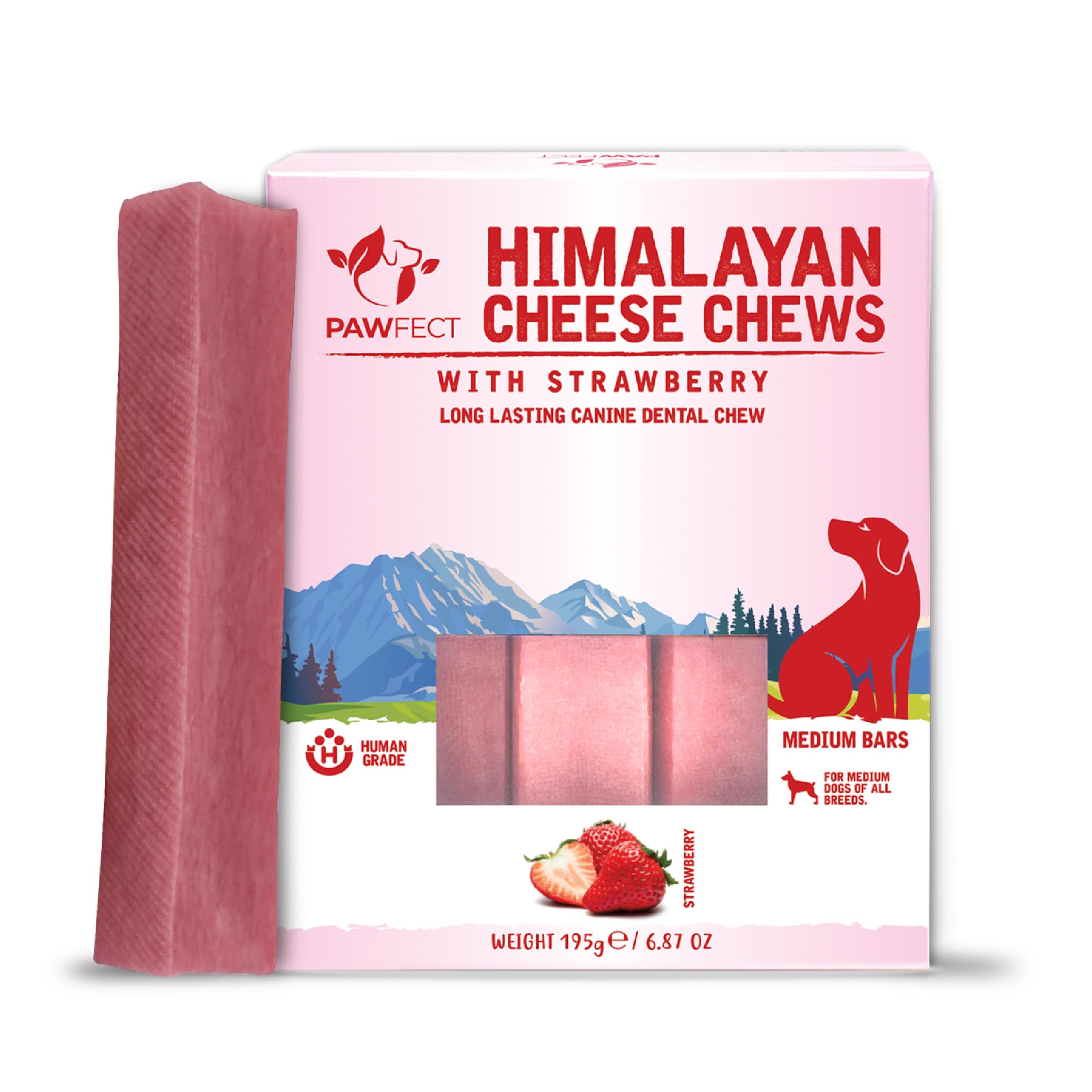 Pawfect Himalayan Yak Chews with Real Strawberry for Large Dogs - Long Lasting Dog Chews - Plaque Off and Tartar Control -High Protein, Grain-free Dog Treats - Pack of 3 (195g/6.88oz)