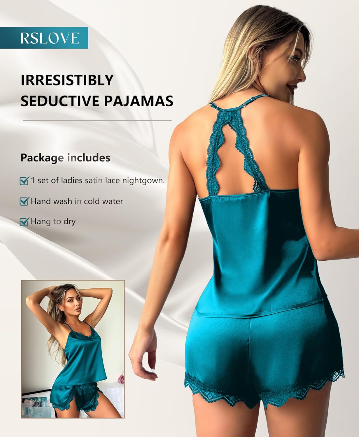 RSLOVE Women Pajama Set Sleepwear - Satin Pajamas Silk V Neck Cami and Shorts Pjs 2 Piece Womens Sexy Lace Lounge Nightwear - Image 5