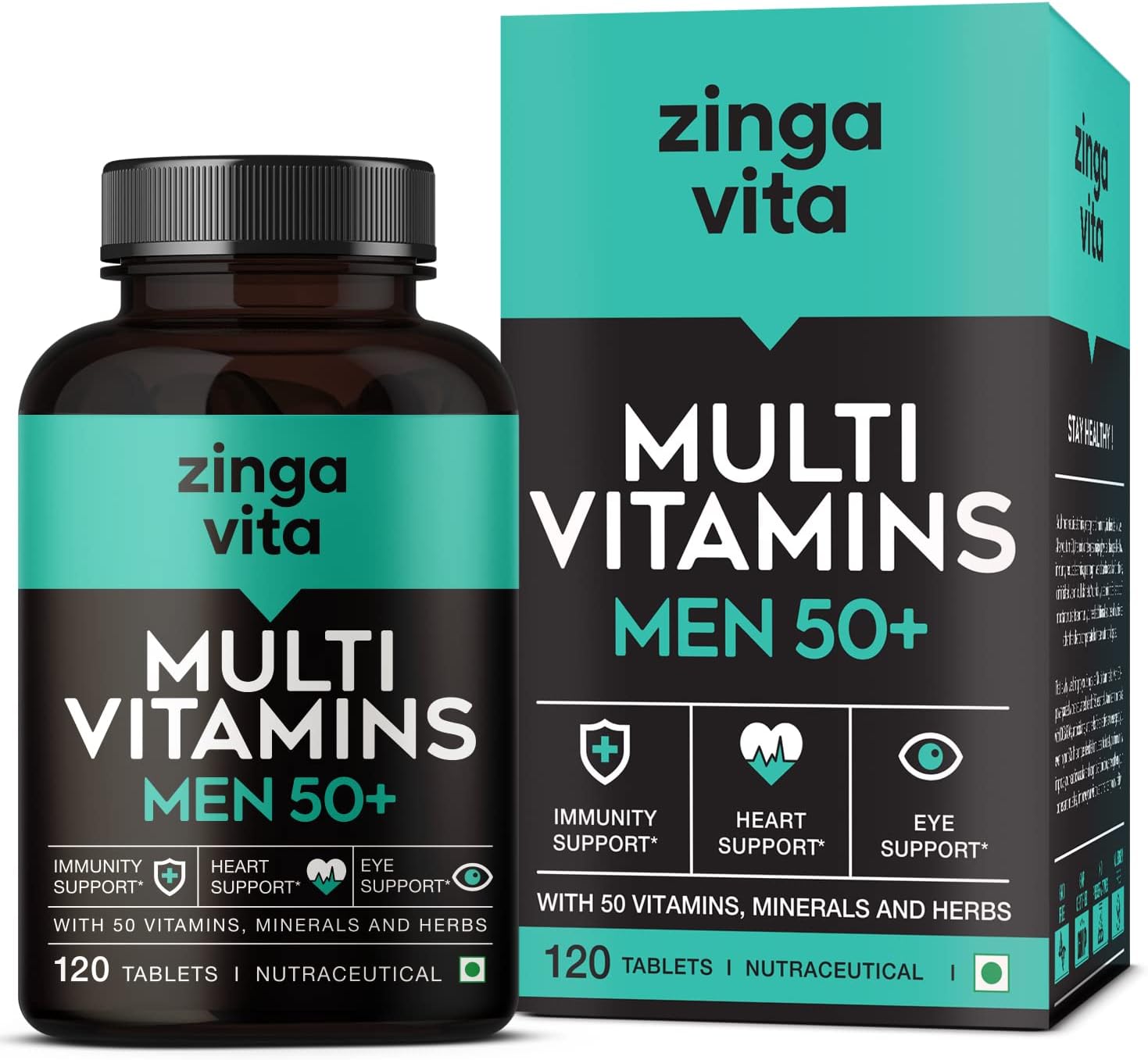Zingavita Multivitamin for Men 50 Plus Age - 120 Tablets | With 50 Vitamins, Minerals, Herbal Extracts, L-Arginine, Ginseng & Super Antioxidants Blend for Enhanced Energy, Heart, Immunity, Joints & Eye Support | 1 Veg Tablet Daily