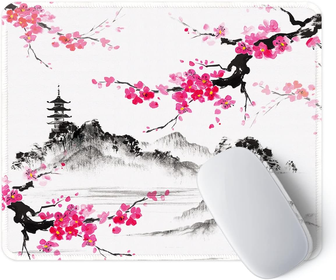 ITNRSIIET Mouse Pad with Non-Slip Rubber Base, Stitched Edge, Premium-Textured, Waterproof Gaming Mouse Pad for Wireless Mouse, Computers, Laptop, Office, 10.2×8.3 in, Sakura