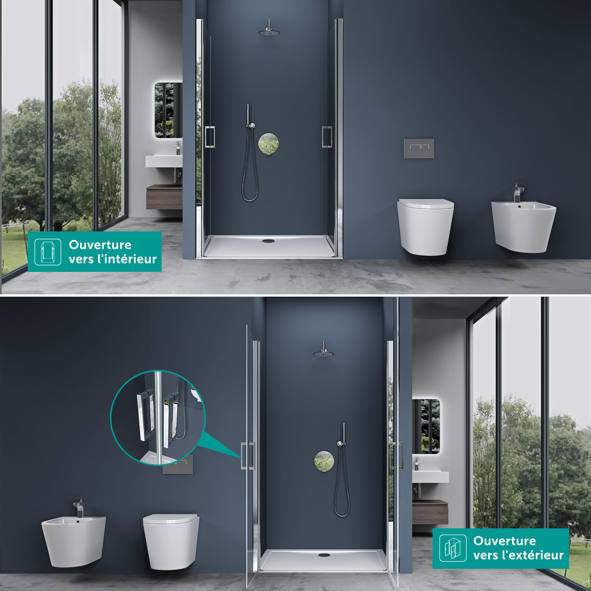 doporro Double porte de douche transparent 90cm Paroi de douche à l'italienne autolevante pivotante 90x195cm Teramo24 verre ESG Nano anti-calcaire