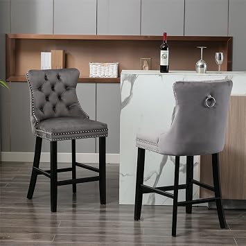 extrasleep Modern Velvet Barstools Set of 2, Upholstered Counter-Height Dining Chairs with Wingback Design, Tufted Back, Nailhead Trim & Wooden Legs, Tall Bar Stools for Kitchen Island, Grey