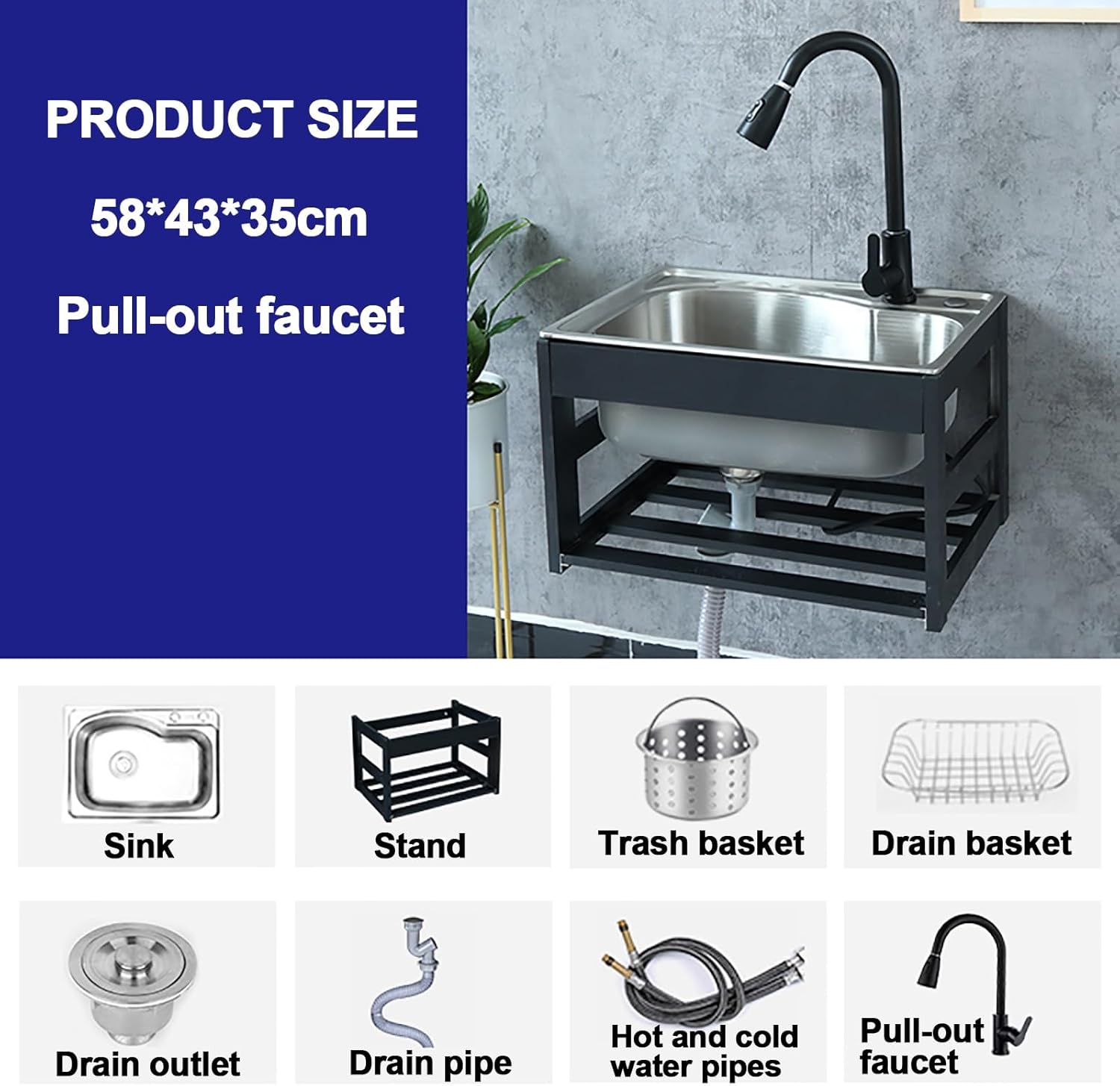 304 stainless steel wall mounted sink，small corner sink，compact bathroom sink，With pull-out hot and cold water faucet，Commercial Sinks With storage space,for garden,garage,restaurant,laundry room(58*4