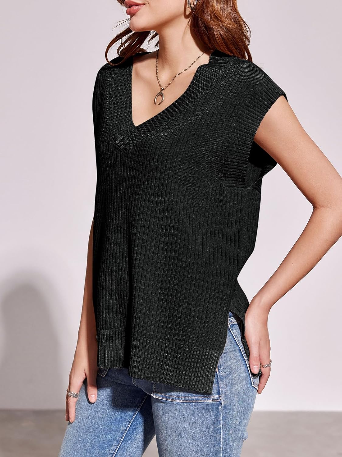 Saodimallsu Womens V Neck Sweater Vest Oversized Ribbed Knit Sleeveless Casual Loose Fit Pullover Tank Top - Image 3