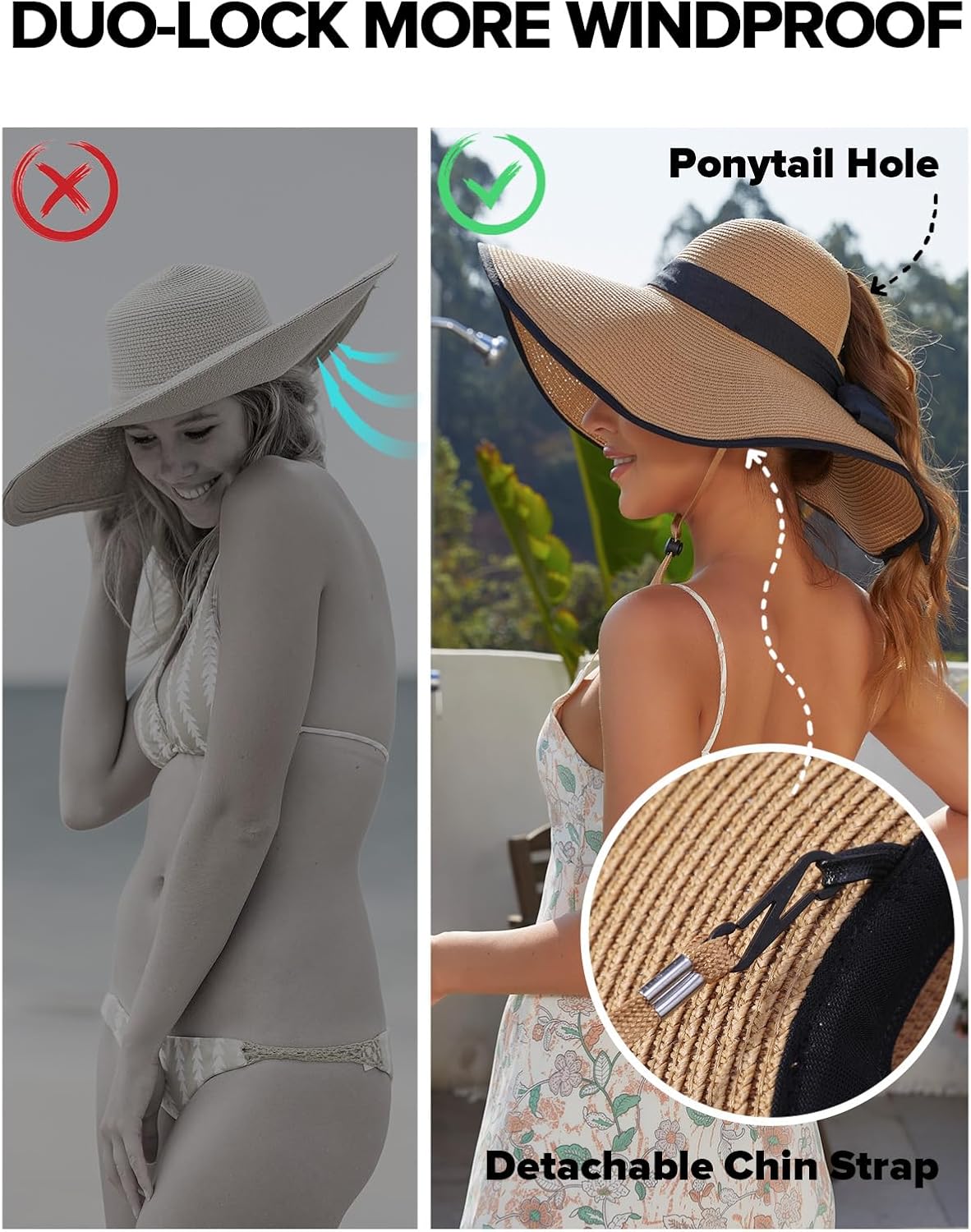 Sun Beach Hats for Women with Ponytail Hole, Floppy Wide Brim Beach Hat, Straw Summer Packable Sunhat Foldable Sun Protection - Image 5