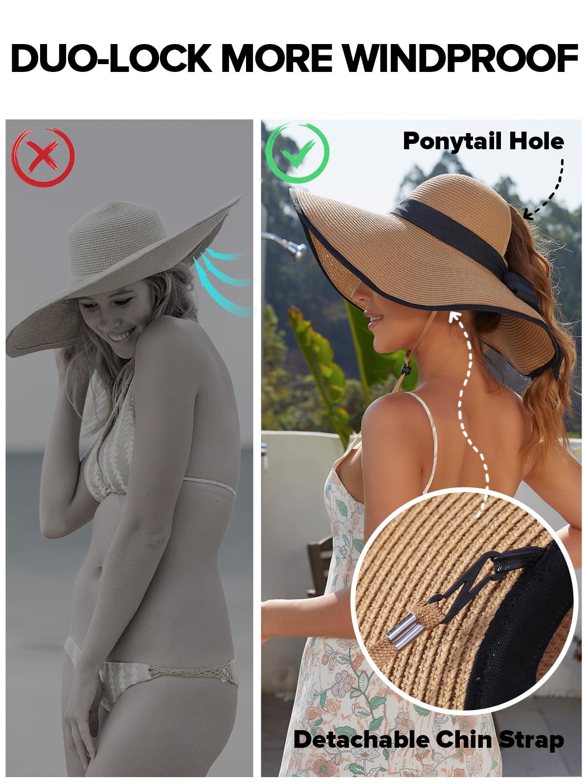 Sombreros de sol para mujer con agujero para cola de caballo, sombreros de playa de ala ancha para mujer, sombrero de paja flexible, plegable, sombreros de verano plegables para mujer, Caqui, Mediana 5