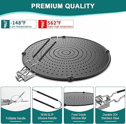 Vista 3 de 13’’ Silicone Splatter Screen for Frying Pan, Grease Splatter Guard with Folding Handle, Heat Resistant by Heat Insulation Cooling Mat, Food Grade