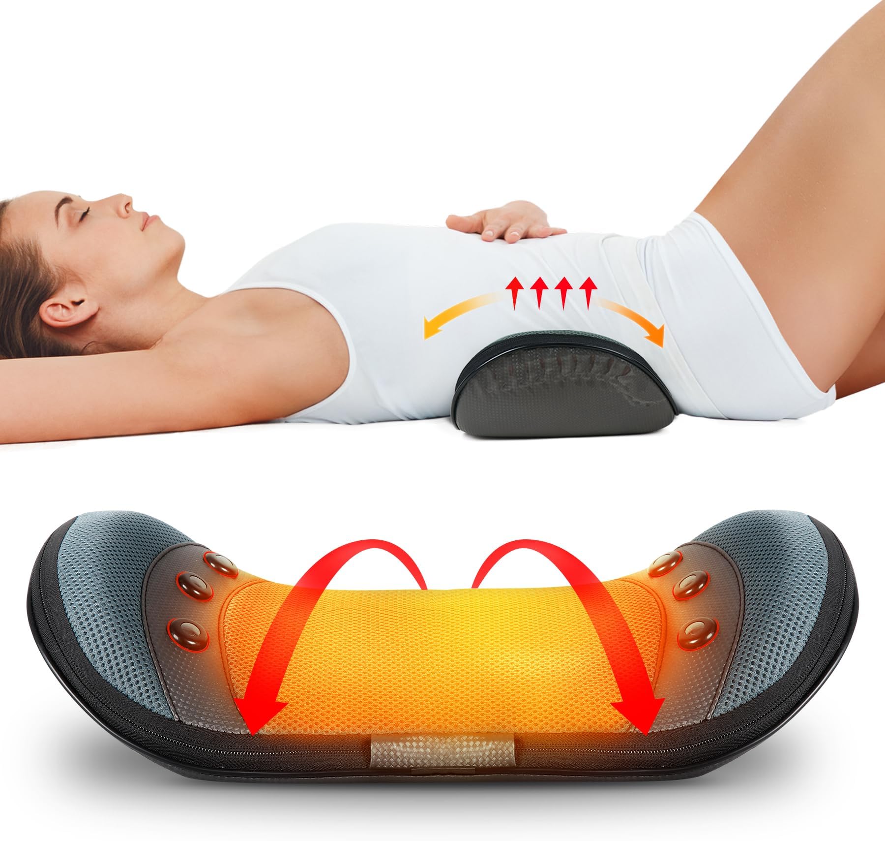 Lower Back Massager for Low Back Pain Relief, Heated Lumbar Back Traction Device with Back Traction Support and Waist Stretcher Cushion, Grey