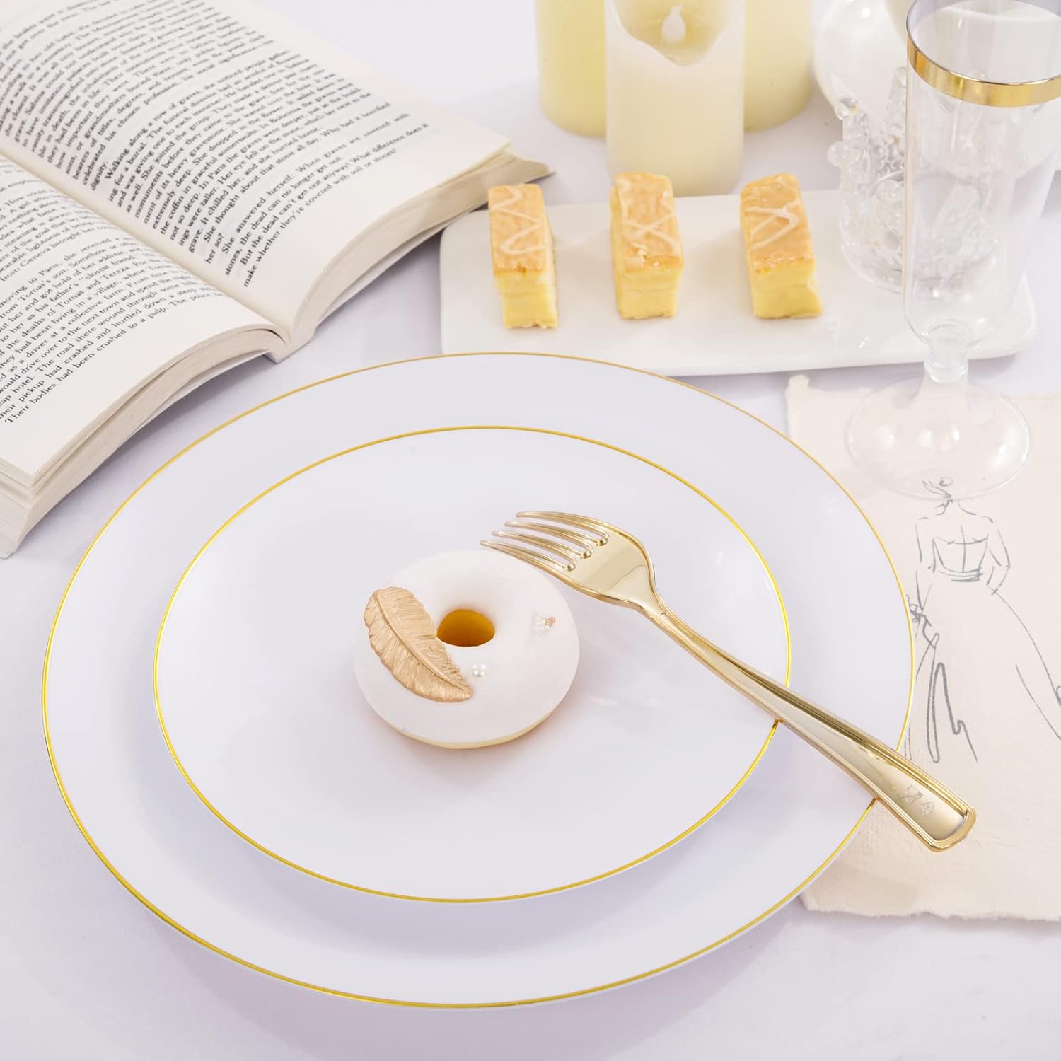 Liacere 175PCS White and Gold Plastic Plates - Gold Plate Include 50Plastic Plates, 25Forks, 25Spoons, 25Knives, 25Napkins, 25Champagne Flutes Plastic for Party & Wedding & Christmas & New Year