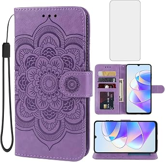 Case for Honor X7A Case, Honor Play7T 5G RKY-LX1 Wallet Case with Tempered Glass Screen Protector, Mandala Leather Flip Credit Card Holder Stand Phone Cover Cases for Honor X7A Purple