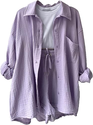 Miniatura 5 de Flygo Conjunto casual de 2 piezas para mujer, conjunto de algodón y lino, camisa de manga larga y pantalones cortos a juego