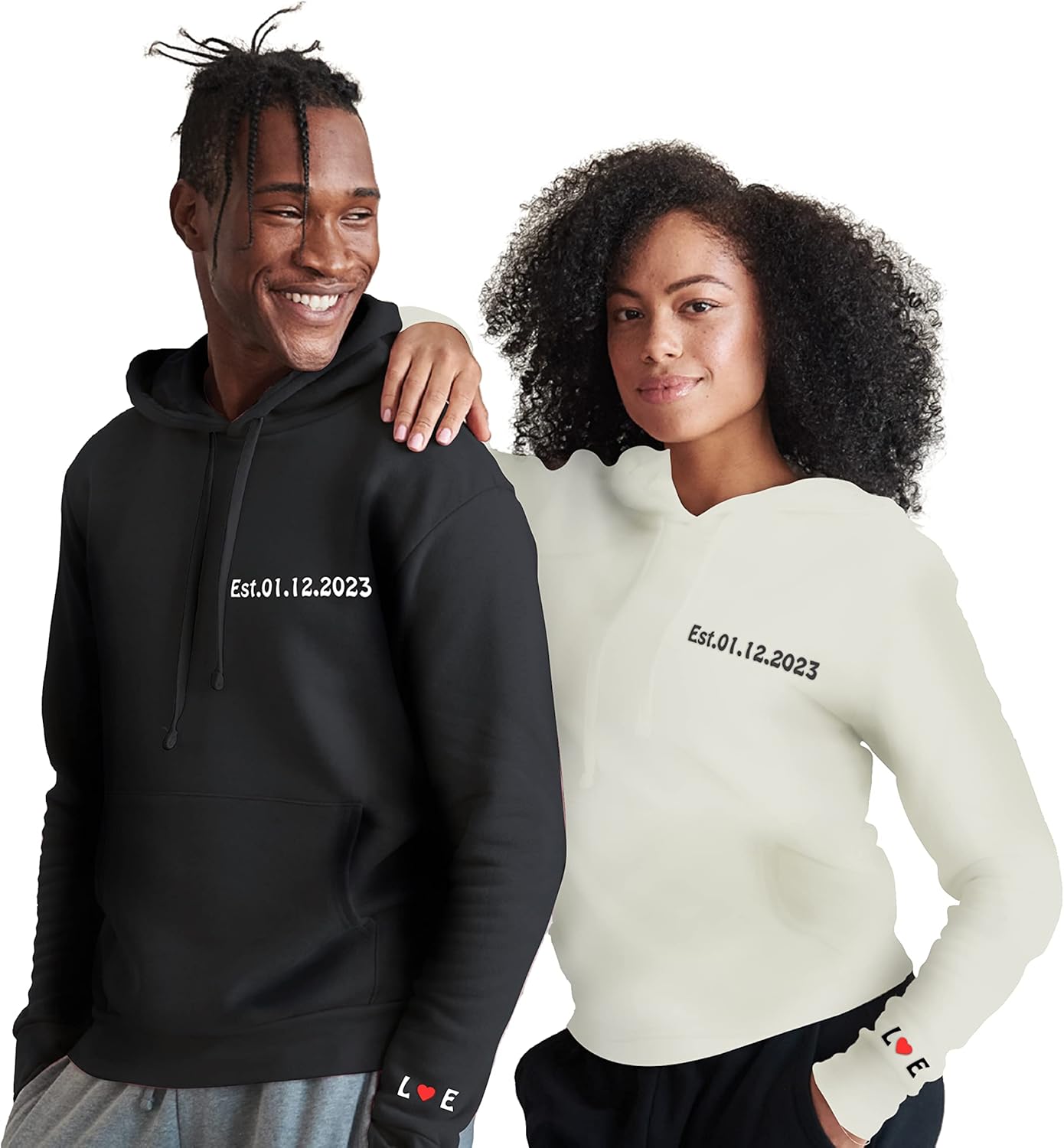 Miniatura 3 de Sudaderas con capucha de pareja bordadas a medida Sudaderas con capucha para parejas personalizadas con corazón inicial y fecha de aniversario