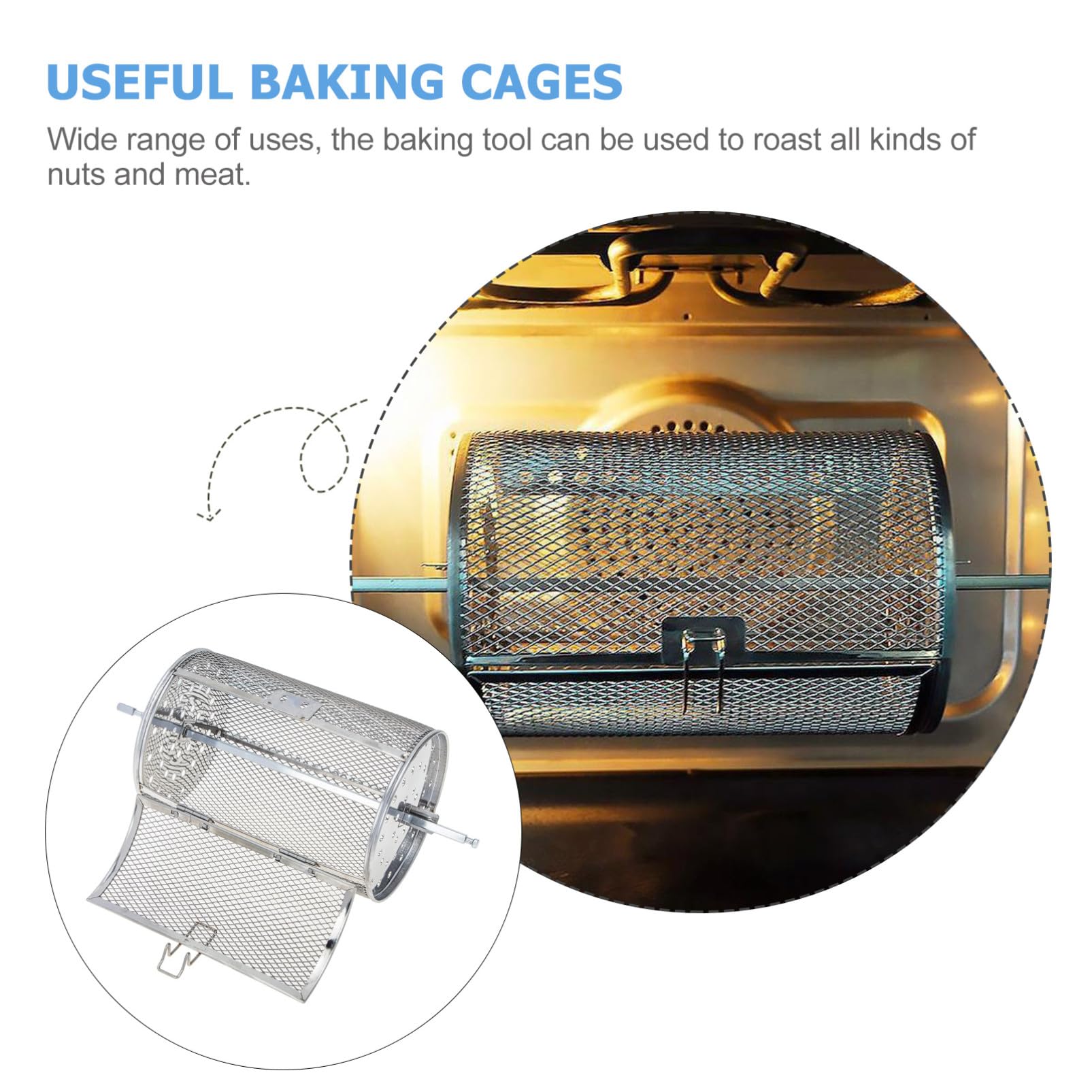 Jaula Giratoria para Barbacoa de Acero Inoxidable Resistente la Oxidación Accesorio Práctico para Asar Nueces y Carne Horno Eléctrico y Freidora de Aire Incluye Cesta y Eje para