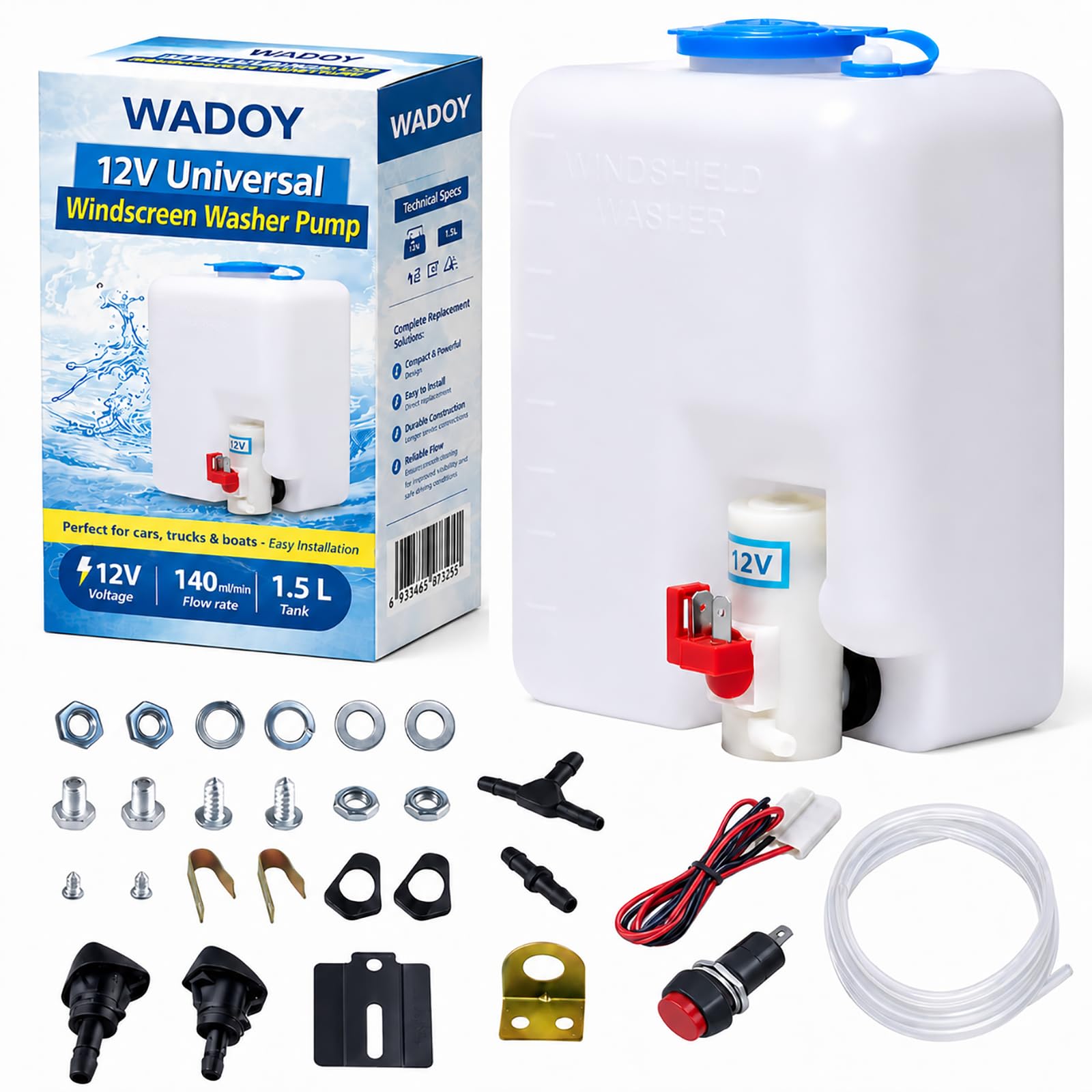 12V Windshield Washer Pump System Universal Car Kit With Reservoir Tank | 160186 Model Includes Jet Button Switch Pump Motor Bottle Tank And Tubing For Replacing Washer Systems On Cars Trucks SUVs-image-43