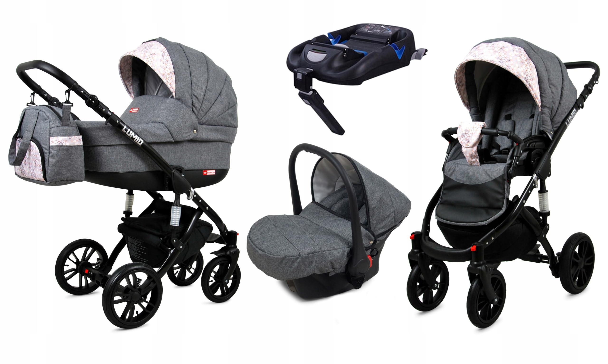 BabyLux® Zestaw wózków dziecięcych 4 w 1 – Lumio – w zestawie wanienka dla niemowląt, fotelik sportowy, fotelik samochodowy, stacja bazowa ISOFIX – fotelik samochodowy – zestaw wózków dziecięcych