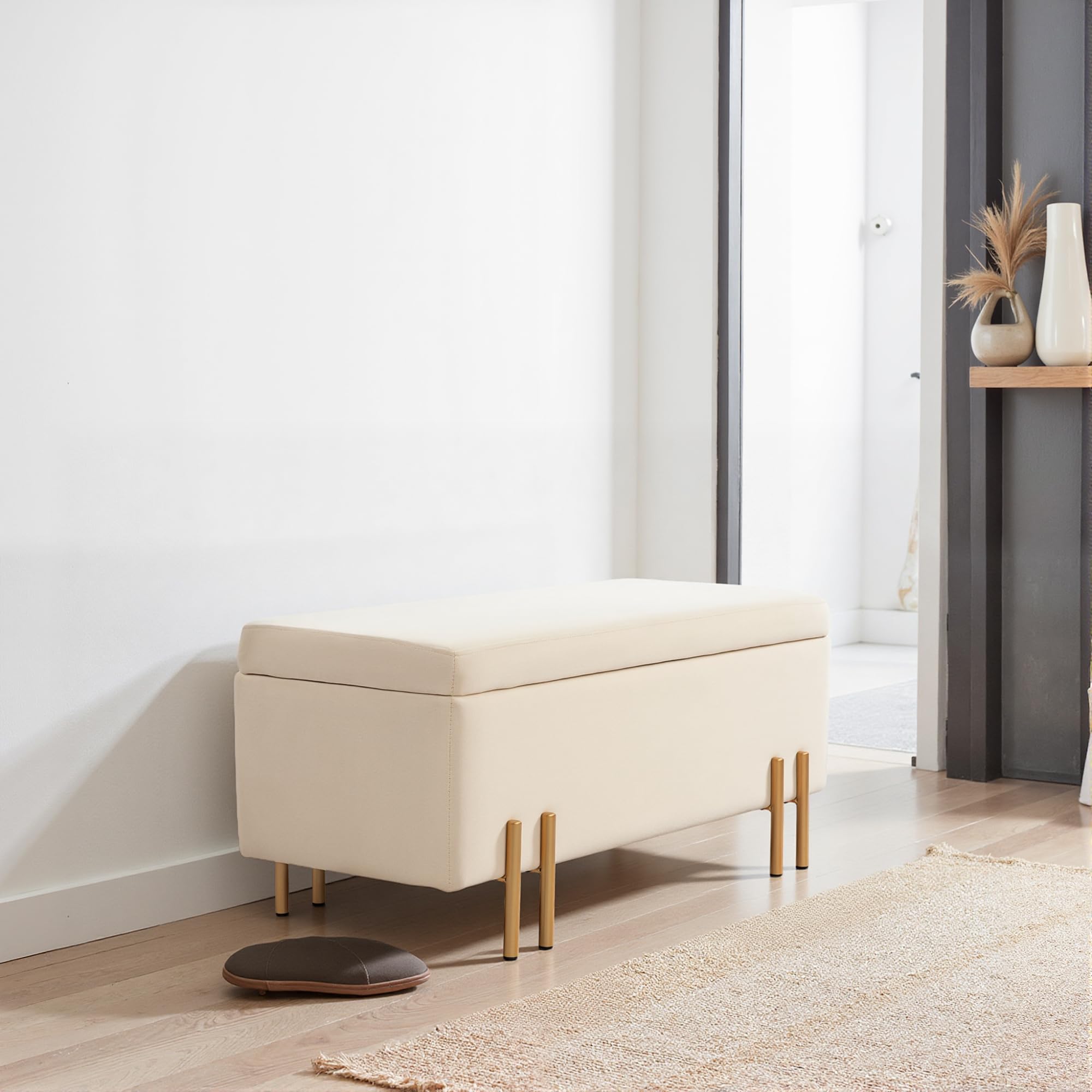 HOMCOM Banc de Rangement Design Contemporain 100L x 40l x 42H cm Beige | Coffre de Rangement, Banc avec Espace de Stockage, Velours, Piètement Métal Doré, Meubles pour Entrée