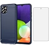 Phone Case for Samsung Galaxy A03 with Tempered Glass Screen Protector Cover and Cell Accessories Silicone Soft Slim Thin TPU Hybrid Protective A 03 03A Ao3 Carbon Fiber Women Men Blue