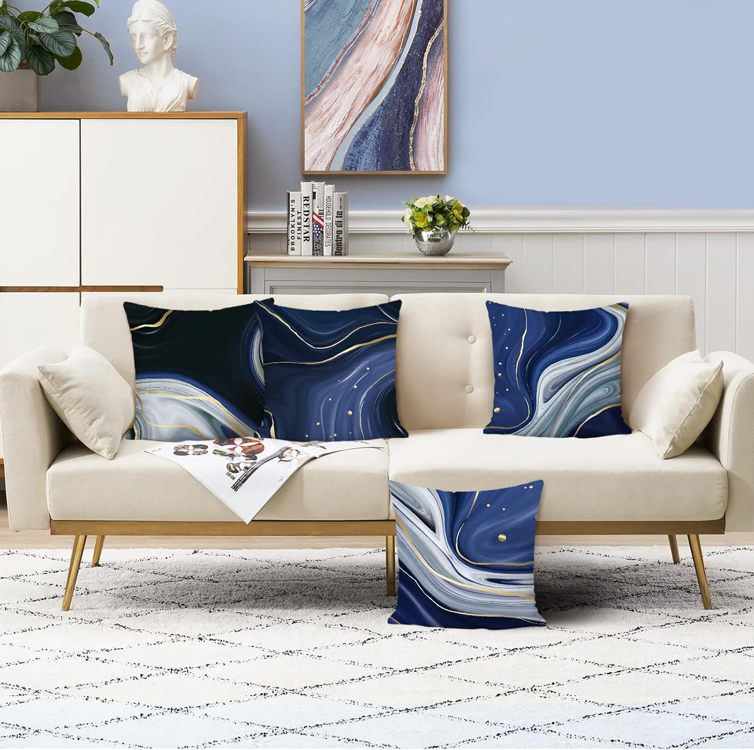 Bonhause Blue Marble Cushion Covers 45 x 45 cm Modern Abstract Decorative Throw Pillow Covers Soft Velvet Pillowcases for Sofa Bed Patio Home Decor Set of 4 - Image 4
