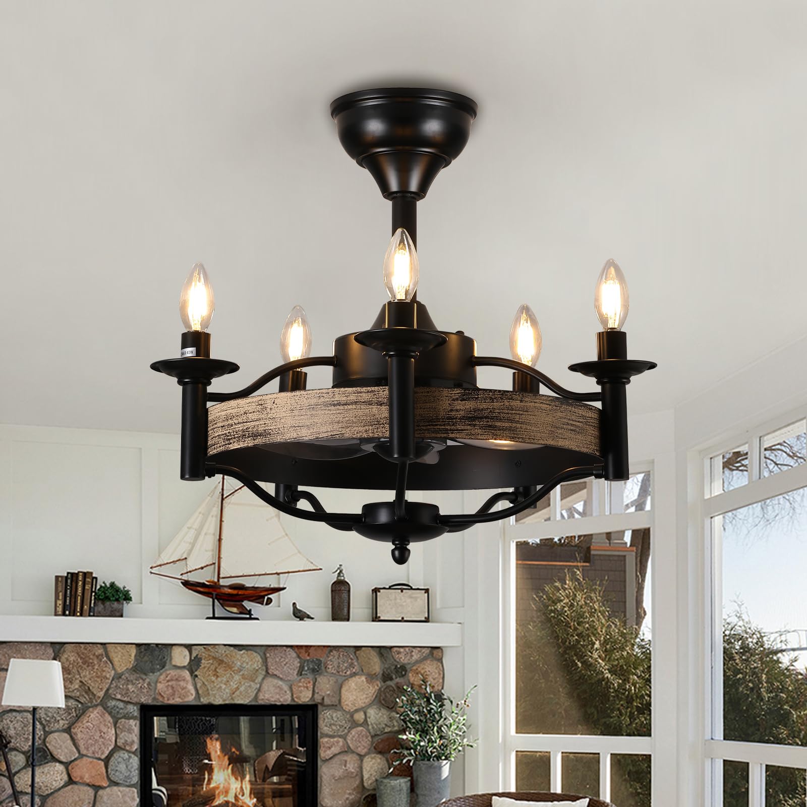 Photo 1 of Farmhouse Ceiling Fan with Light,21.2" Caged Ceiling Fan with Lights Rustic Ceiling Fan with Remote Control Modern Black Chandelier Ceiling Fans with Candles for Living Room Kitchen Island Bedroom