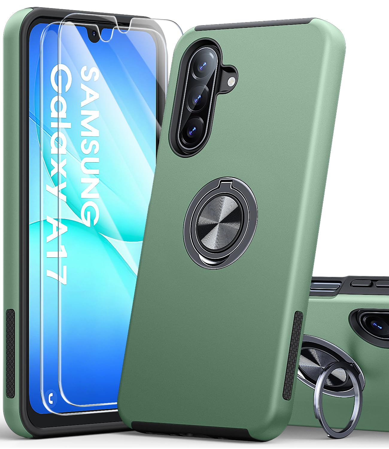 AOUIA für Samsung Galaxy A17 5G Hülle mit 2 Stück Panzerglas, Militärischer Stoßschutz Samsung A17 Hülle, 360° Drehbarer Ring Ständer Handyhülle für Samsung A17, Alpengrün