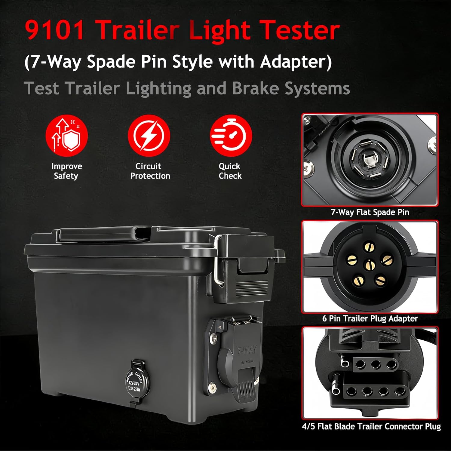 9101 Trailer Light Tester Box (7-Way Spade Pin Style with Trailer Plug Adapter) Test Trailer Lighting and Brake Systems | Trailer Plug Tester Avoid Blown fuses and Light Tester