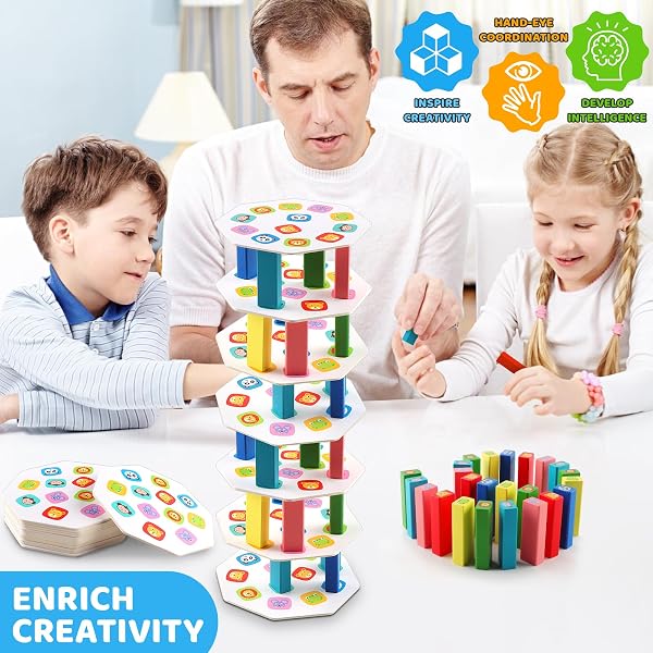 Tour mobile en bois 5 en 1 - Équilibre - Délicités - Design en bois naturel avec motifs d'animaux - Cartes - Jeu créatif d'empilage - Idée cadeau et décoration - 2