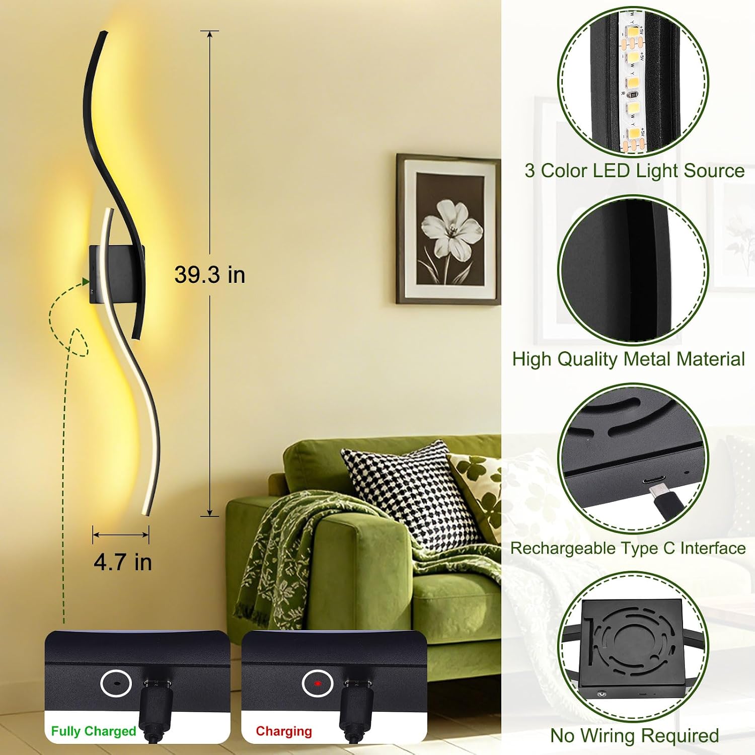 Battery Operated Wall Sconce Set of Two with Remote Control Wall Lights for Living Room 3000K-6500K Dimmable Wireless Wall Sconces for Bedroom, Hallway, Black 39.7 Inch (2 Pack)
