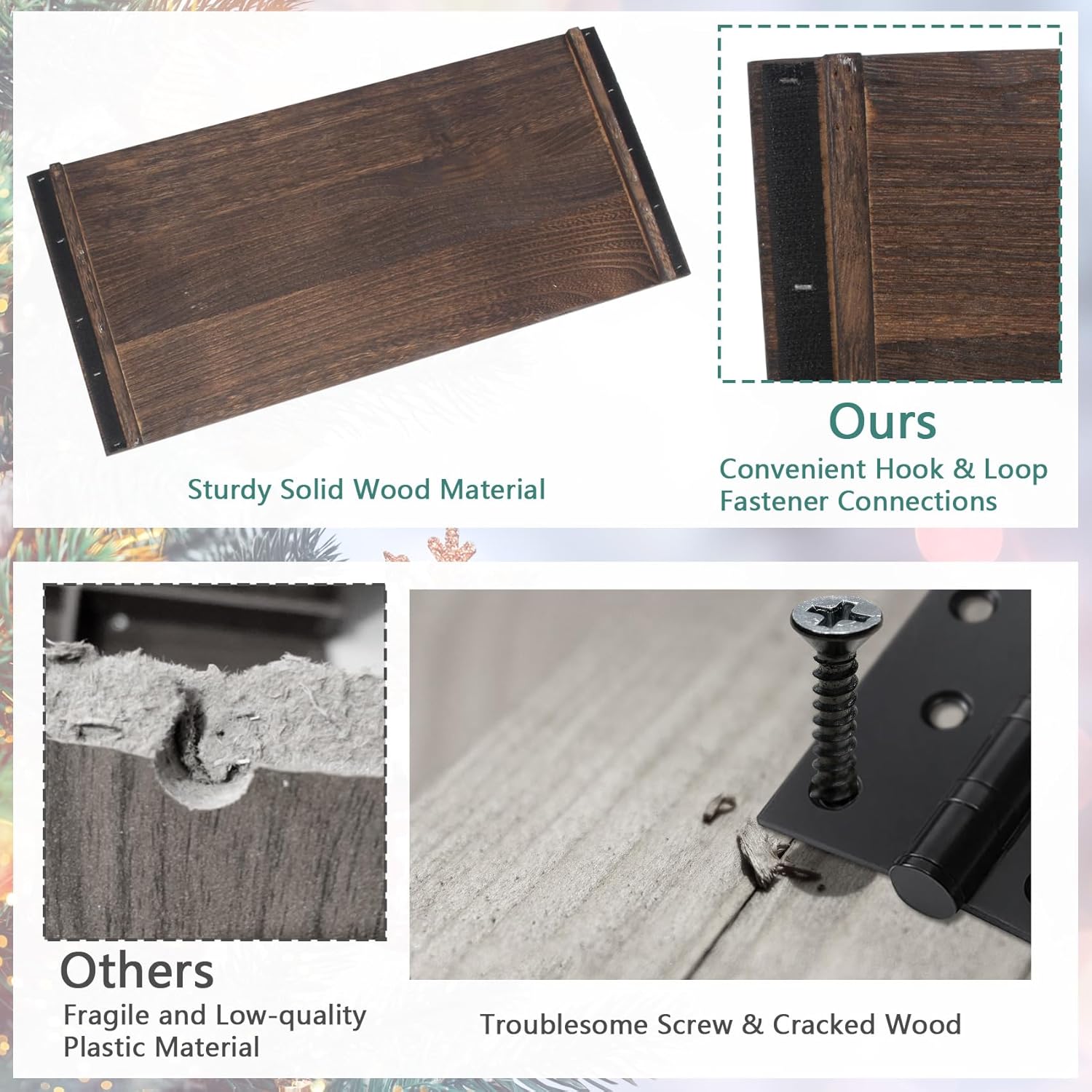 Wooden Tree Collar 22in, Christmas Tree Collar Rustic 4 Panels, Washed White Tree Collar Box 100% Solid Wood Disassemble with X-Pattern for Christmas Tree Decoration