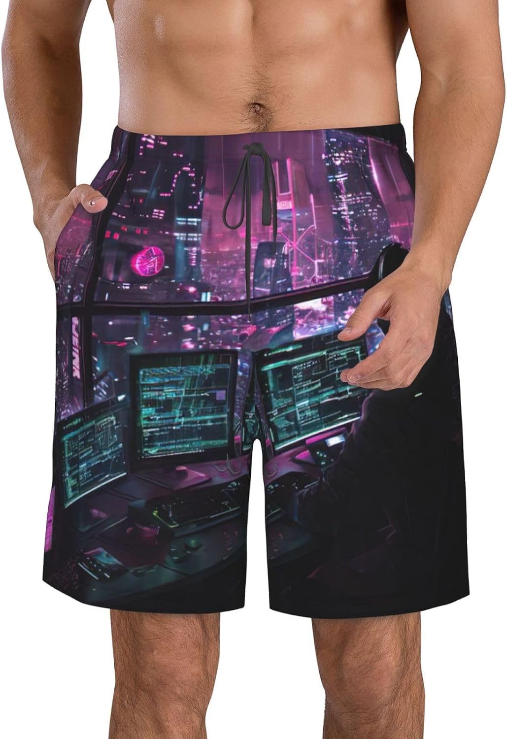 Hacker era Print Men's Quick-Drying Shorts Casual Beach Pants Stretch Waist Shorts and Pockets