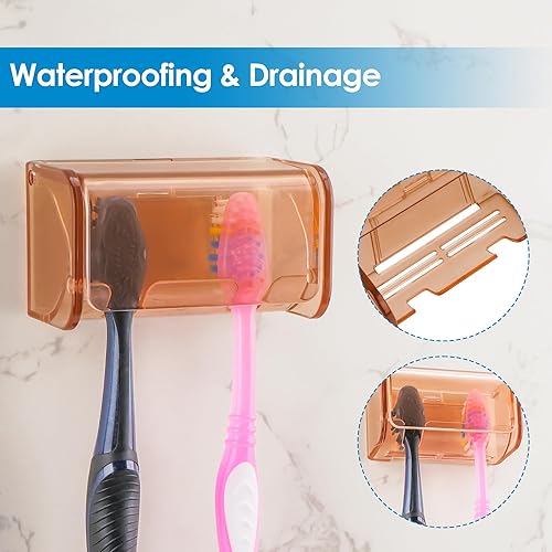 Miniatura 4 de Soporte para cepillos de dientes montado en la pared con cubierta para baño, 2 ranuras organizador de almacenamiento de cepillos de dientes para