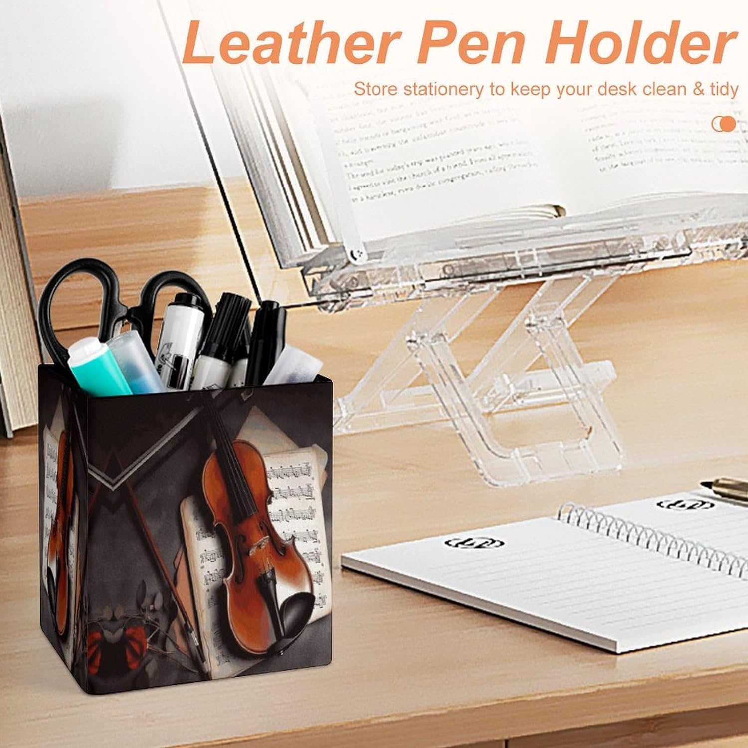 Violin Sheet Music_78030672 Pen Holder Square Leather Pencil Cup Modern Pencil Holders Desk Caddy Stationery Organizer Makeup Brush Holder Desktop Organizer for Office Home Desk Accessory image 4