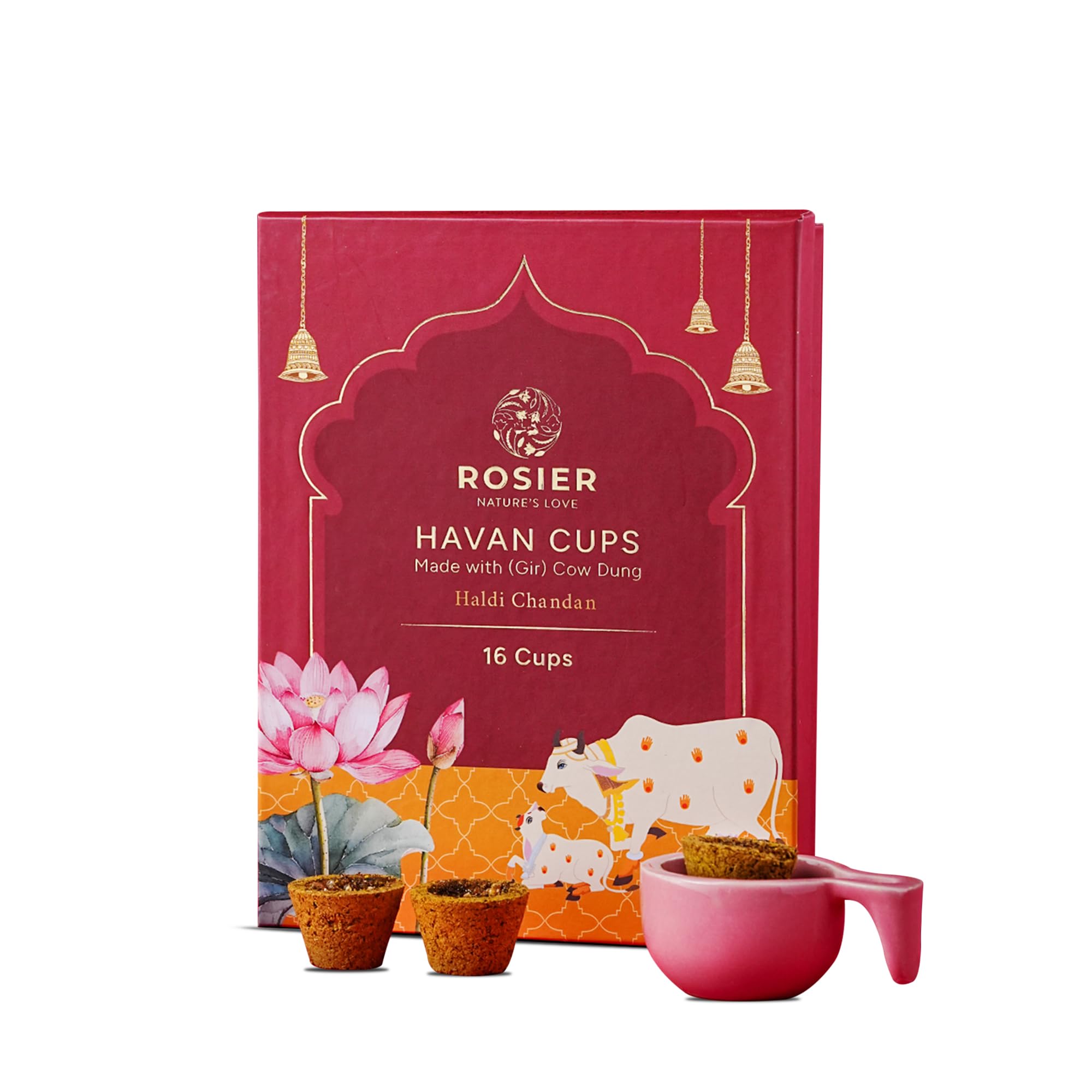 Rosier Havan Cups I Pack of 2 | 32 Cups | 1 Free Ceramic Cup Stand Gir Cow Dung | Dhuni for Pooja I 100% Organic Fragrance | Havan Cups for Pooja | Loban Dhoop (HALDI Chandan)