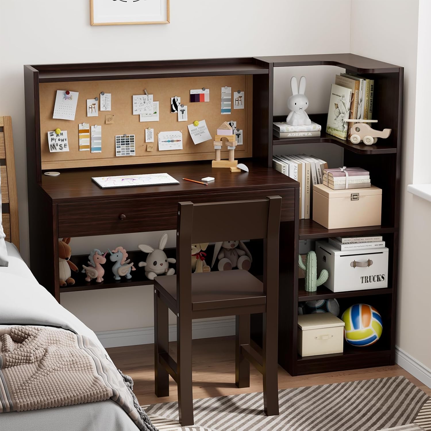 Wooden Espresso Kids Study Desk and Chair Set, 2 Drawers and 2 Storage Cabinets, Children Desk with Hutch and Bookshelf, Girls Study Desk for Kids Bedroom