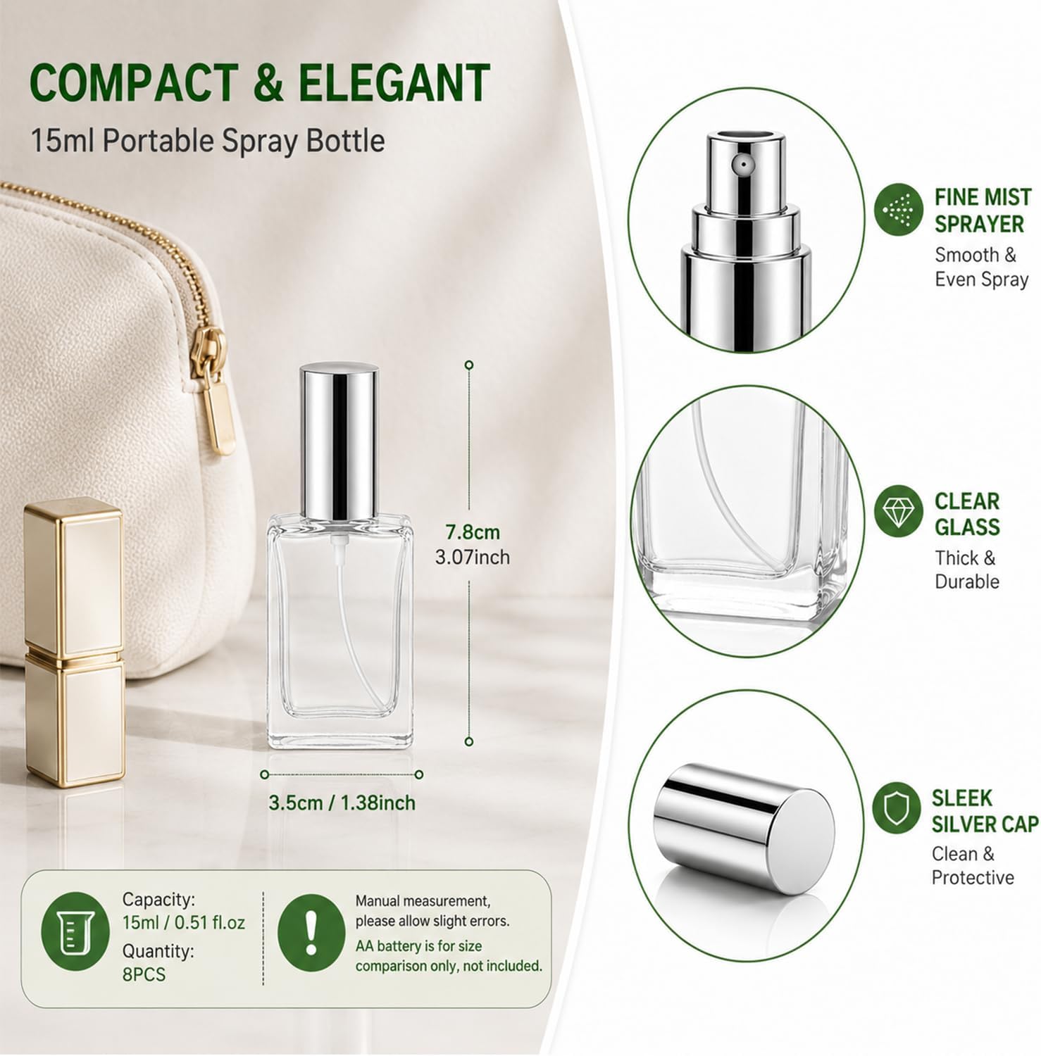 8Packs 15ml Clear Empty Perfume Bottle with Silver Caps Glass Fine Mist Atomizer Spray Bottles Refillable Mini Fragrance Glass Bottles for Cleaning, Essential Oil, Liquid image 3