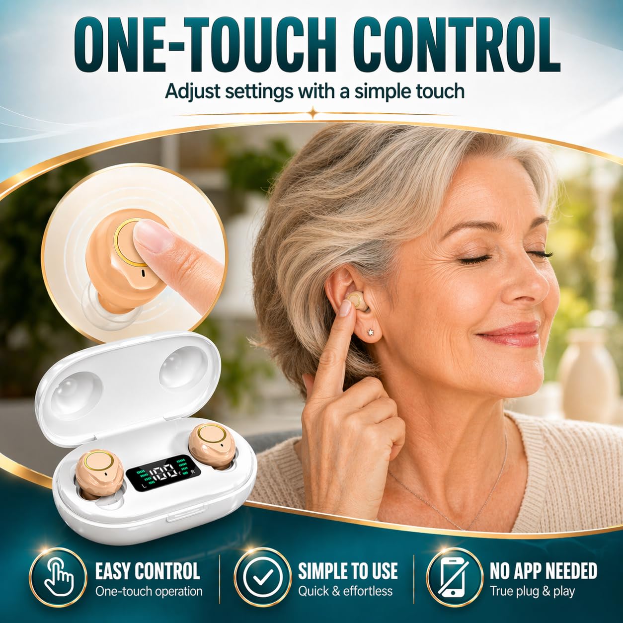 Rechargeable Hearing Amplifier with Charging Case & Noise（Beige） | Rechargeable Design with Charging Case,Smart Noise Reduction Technology,Simple Volume Control,Comfortable In-Ear Design
