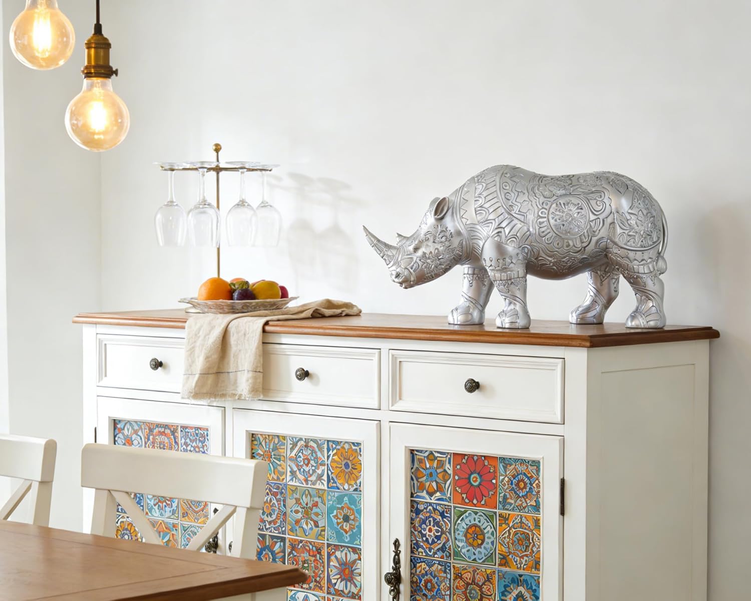 Rhinoceros Statue Symbol of Protection and Strength, 12 inch Resin Silver Boho Animal Home Office Bedroom Living Room Table Desk Fengshui Decor, House Warming Gifts for New Home